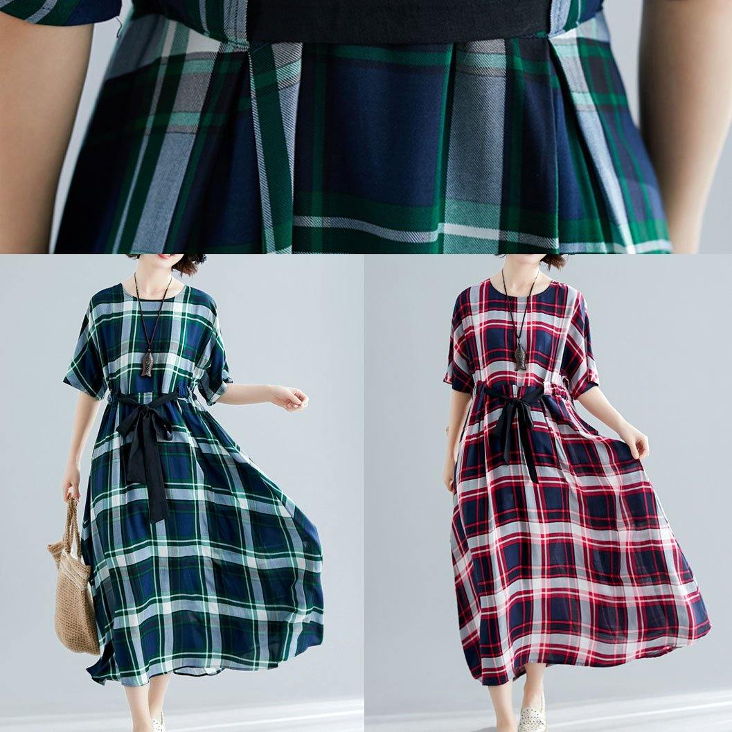 Women green plaid cotton Tunics tie waist cotton robes summer Dress - SooLinen