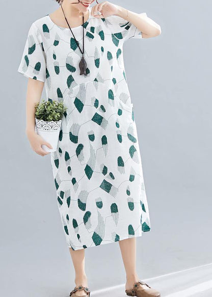 Women green print linen cotton Robes o neck pockets long summer Dress - SooLinen