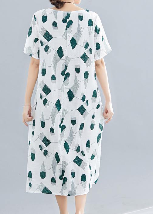 Women green print linen cotton Robes o neck pockets long summer Dress - SooLinen