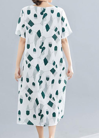 Women green print linen cotton Robes o neck pockets long summer Dress - SooLinen