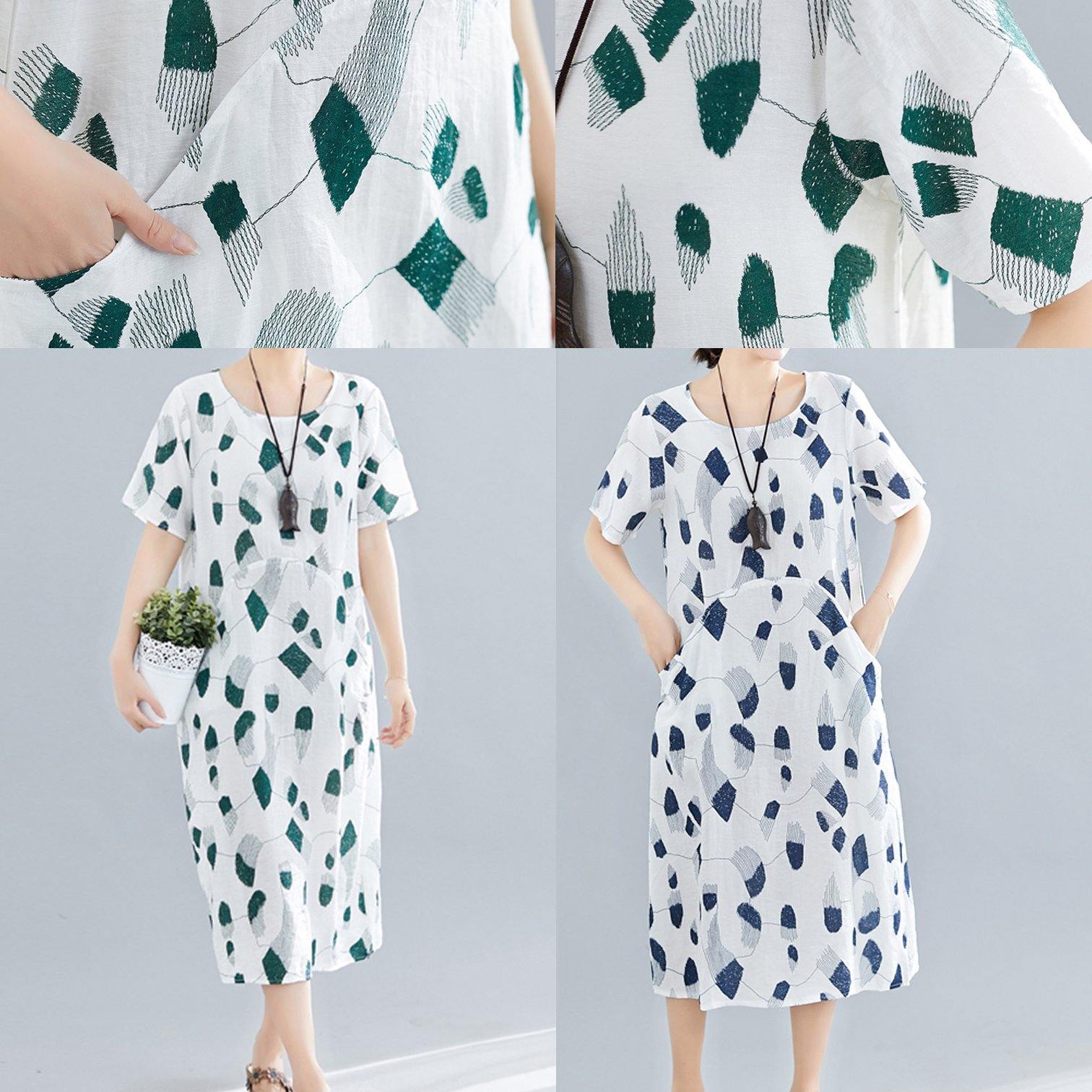 Women green print linen cotton Robes o neck pockets long summer Dress - SooLinen
