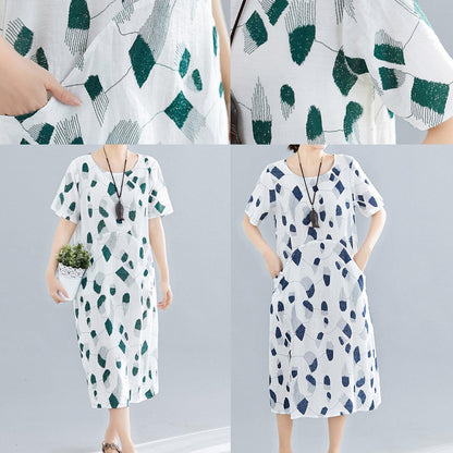 Women green print linen cotton Robes o neck pockets long summer Dress - SooLinen