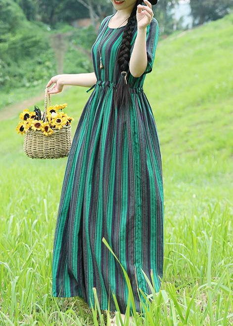 Women green striped cotton Long Shirts drawstring loose summer Dresses - SooLinen