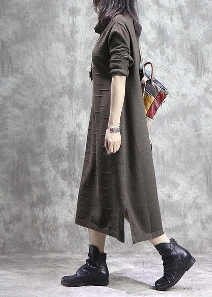 Women high neck Sweater weather Moda dark khaki side open daily knitwear fall - SooLinen
