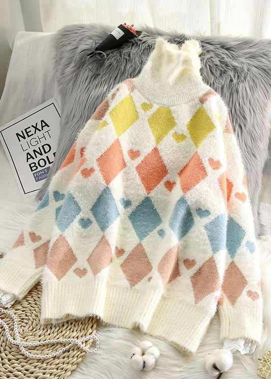 Women high neck beige knitted blouse Loose fitting Geometry knitted top - SooLinen