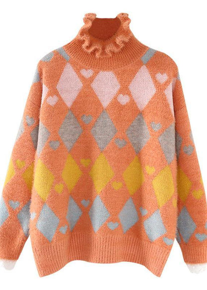 Women high neck beige knitted blouse Loose fitting Geometry knitted top - SooLinen