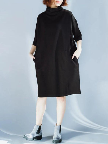 Women high neck half sleeve Cotton Tunics design black Dresses - SooLinen