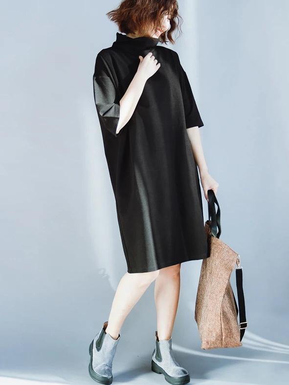 Women high neck half sleeve Cotton Tunics design black Dresses - SooLinen