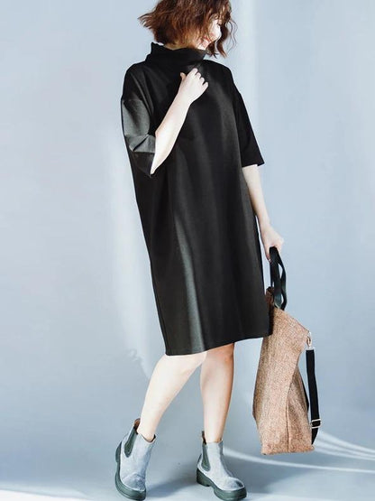 Women high neck half sleeve Cotton Tunics design black Dresses - SooLinen
