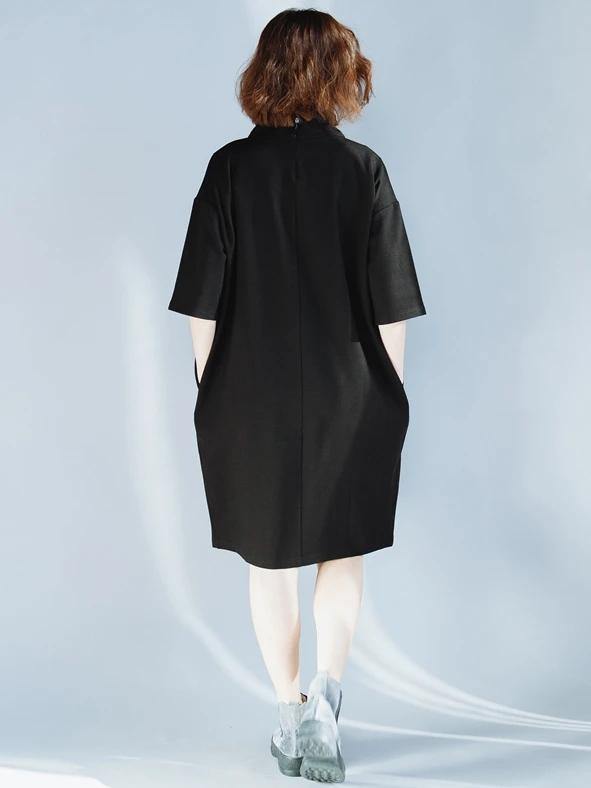 Women high neck half sleeve Cotton Tunics design black Dresses - SooLinen