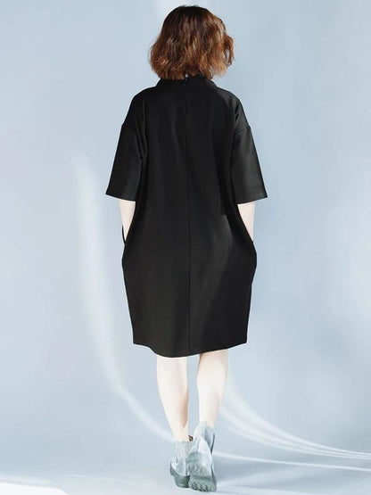 Women high neck half sleeve Cotton Tunics design black Dresses - SooLinen