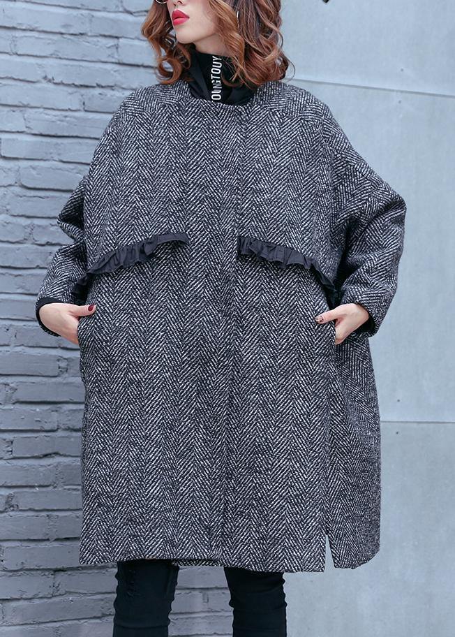 Women high neck pockets fine clothes gray striped Dresses coat - SooLinen