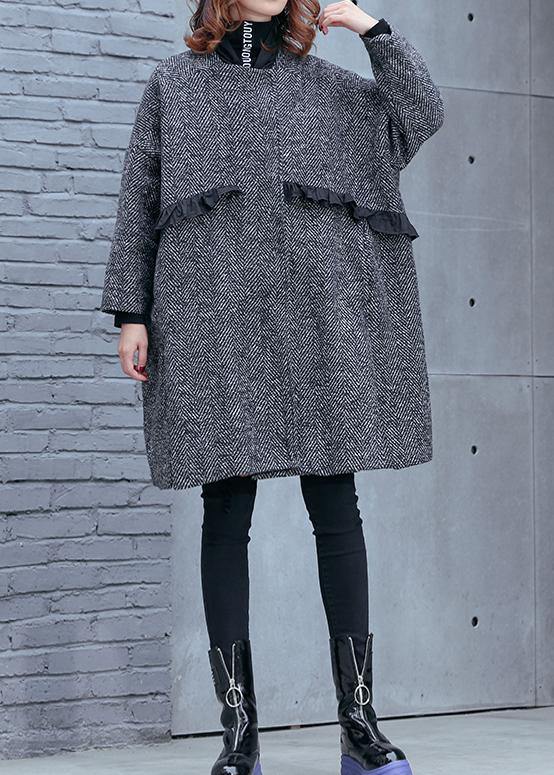 Women high neck pockets fine clothes gray striped Dresses coat - SooLinen