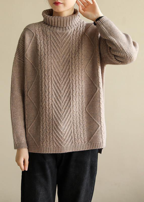 Women khaki knitted top cable trendy plus size high neck sweaters - SooLinen