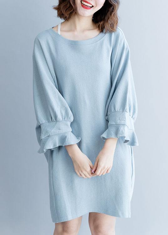 Women lantern sleeve Cotton dress Inspiration light blue Dress fall - SooLinen
