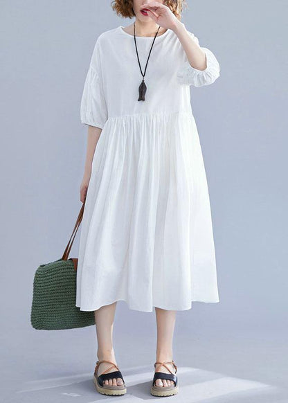 Women lantern sleeve cotton Tunics Sewing white cotton Dress summer - SooLinen