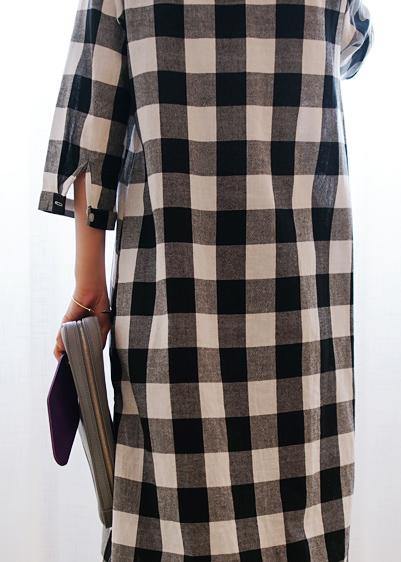 Women lapel Button Down cotton linen Tunics Inspiration plaid Dresses - SooLinen