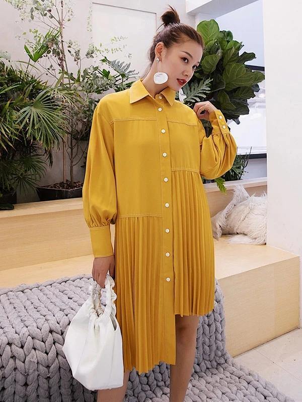 Women lapel asymmetric Cotton clothes Outfits yellow Dresses - SooLinen