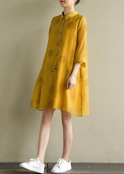 Women lapel half sleeve linen Robes Outfits yellow dotted Dress summer - SooLinen
