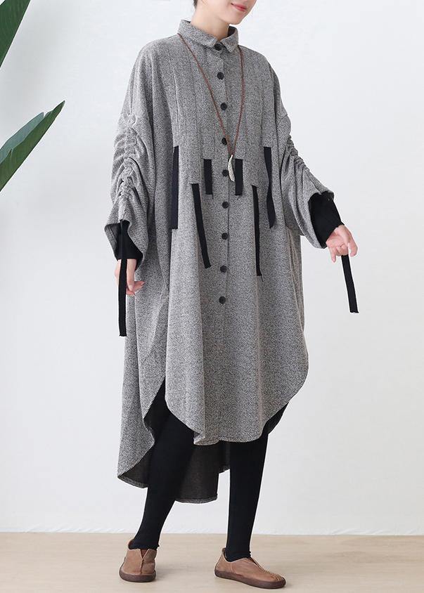 Women lapel low high design cotton tunic top Work gray Robe Dresses - SooLinen