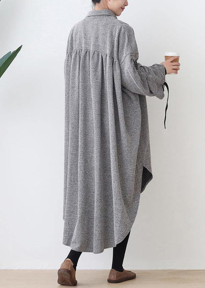 Women lapel low high design cotton tunic top Work gray Robe Dresses - SooLinen