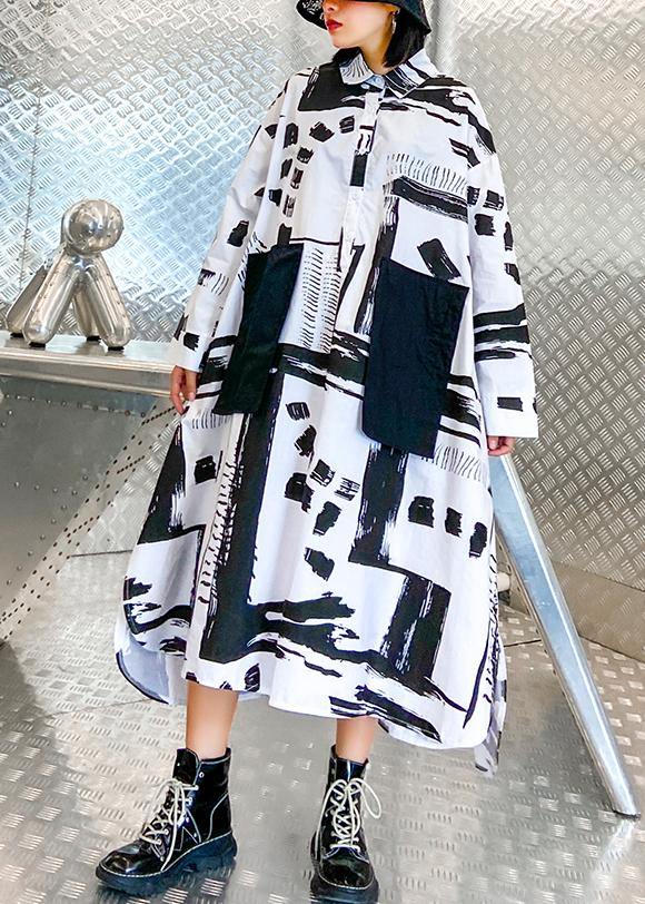 Women lapel pockets fall Tunics pattern black white print long Dresses - SooLinen