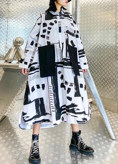 Women lapel pockets fall Tunics pattern black white print long Dresses - SooLinen