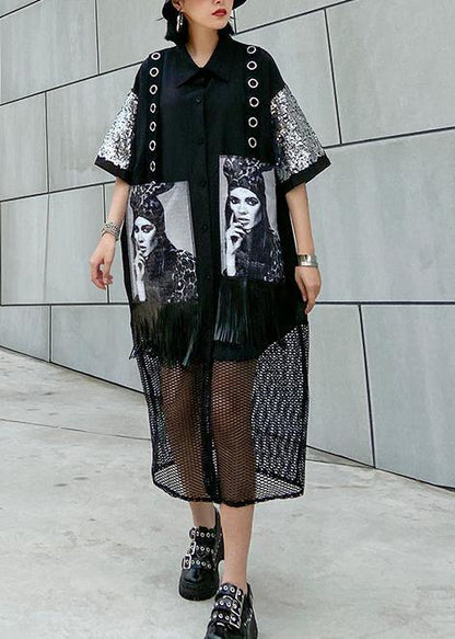 Women lapel tassel cotton summerTunic Tutorials black Maxi Dress - SooLinen