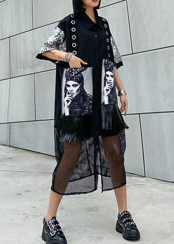 Women lapel tassel cotton summerTunic Tutorials black Maxi Dress - SooLinen