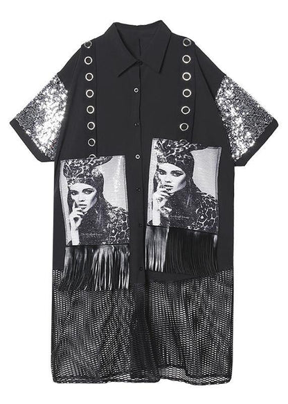 Women lapel tassel cotton summerTunic Tutorials black Maxi Dress - SooLinen