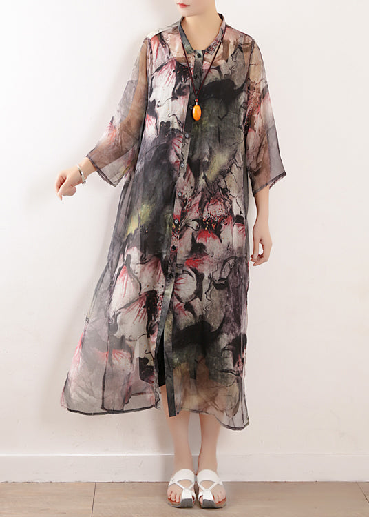 Women light gray prints blended dress Plus Size Photography side open long summer Dresses