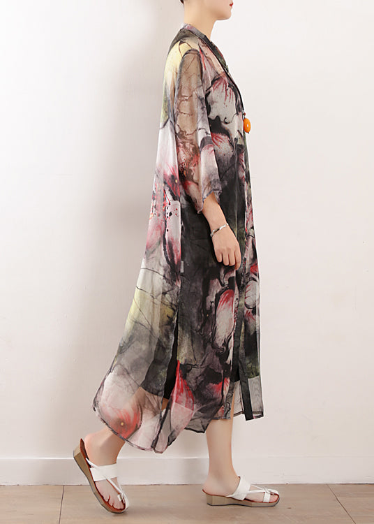 Women light gray prints blended dress Plus Size Photography side open long summer Dresses