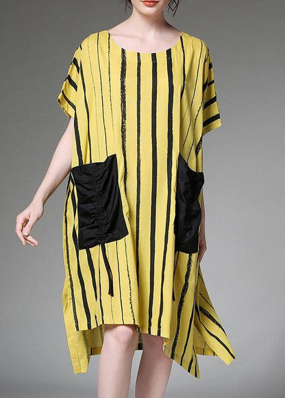Women linen Plus Size dress Vintage yellow Striped Print Summer Dresses - SooLinen