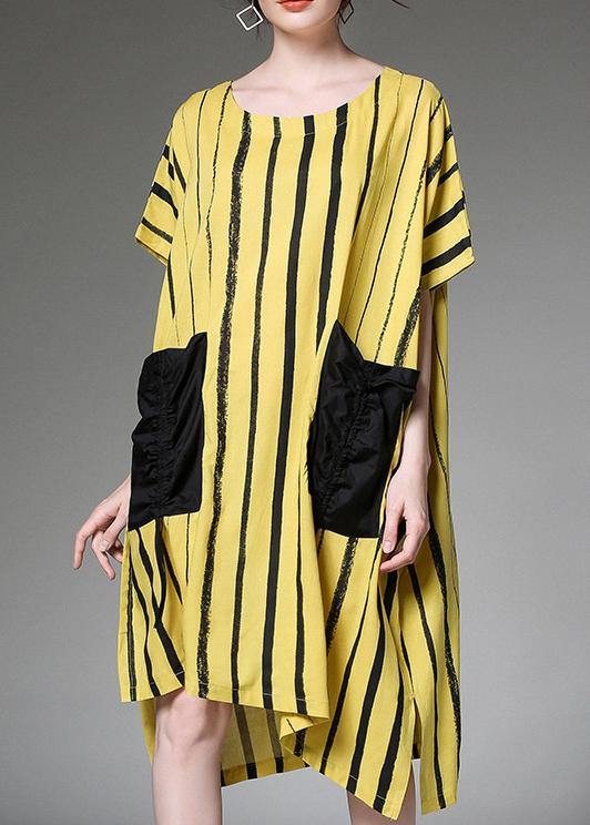 Women linen Plus Size dress Vintage yellow Striped Print Summer Dresses - SooLinen