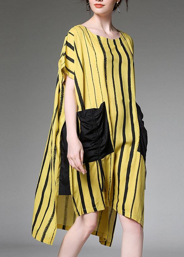 Women linen Plus Size dress Vintage yellow Striped Print Summer Dresses - SooLinen