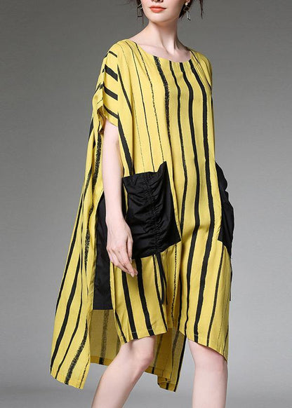 Women linen Plus Size dress Vintage yellow Striped Print Summer Dresses - SooLinen