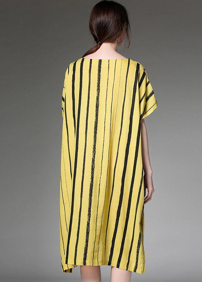 Women linen Plus Size dress Vintage yellow Striped Print Summer Dresses - SooLinen