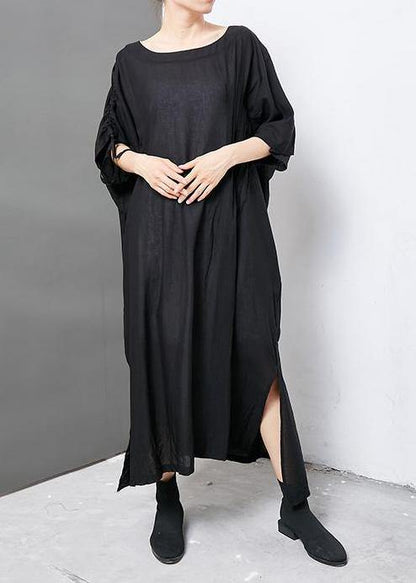 Women linen clothes For Women 2019 Solid Casual Short Sleeve Round Neck Dress - SooLinen