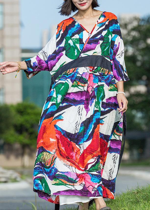 Women multicolor cotton dress v neck tie waist long summer Dresses - SooLinen