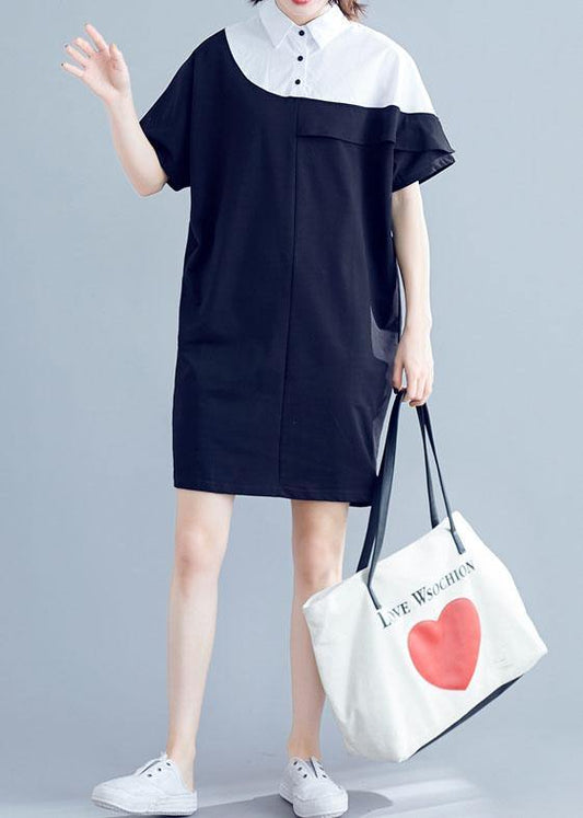 Women navy Cotton dresses o neck patchwork Midi summer Dress - SooLinen