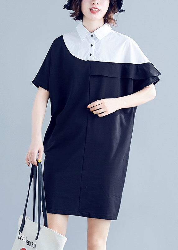 Women navy Cotton dresses o neck patchwork Midi summer Dress - SooLinen