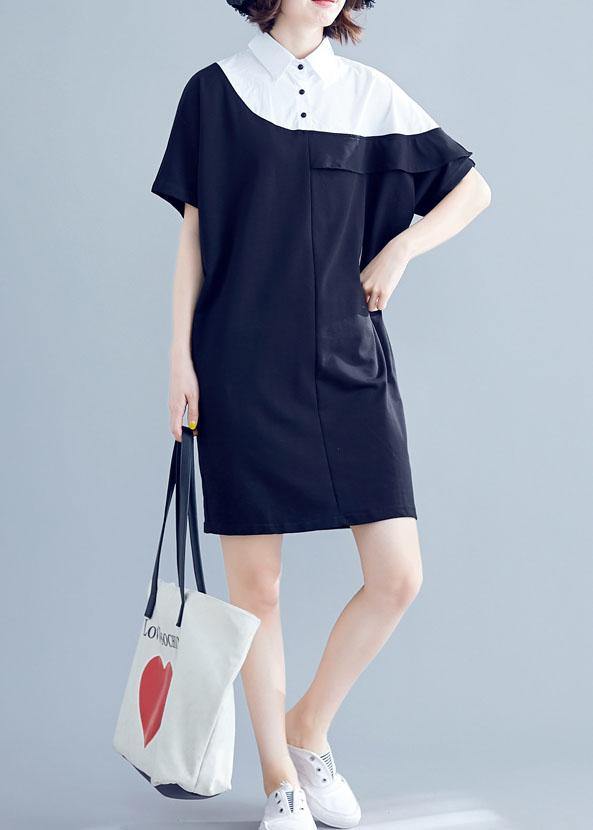 Women navy Cotton dresses o neck patchwork Midi summer Dress - SooLinen