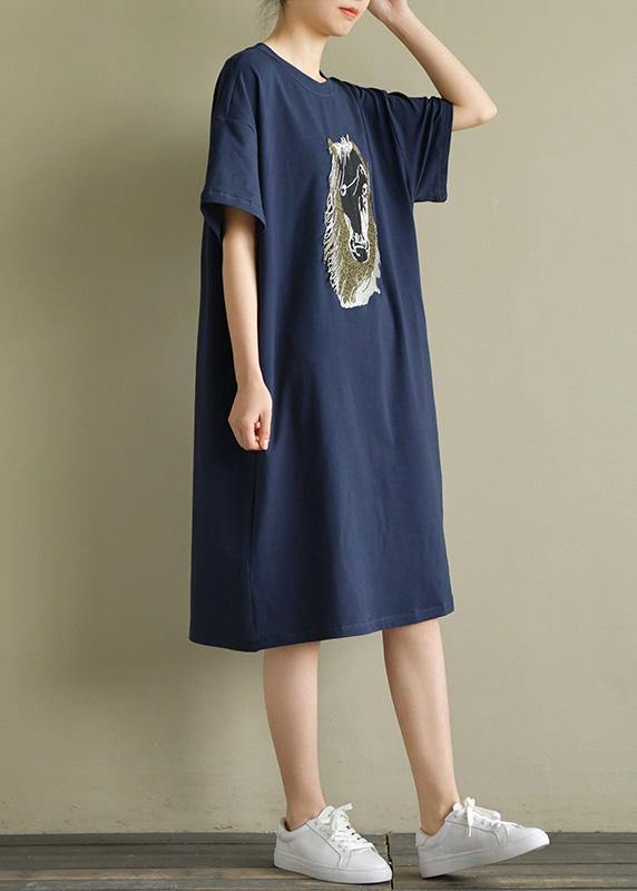 Women navy Cotton outfit o neck embroidery oversized summer Dress - SooLinen