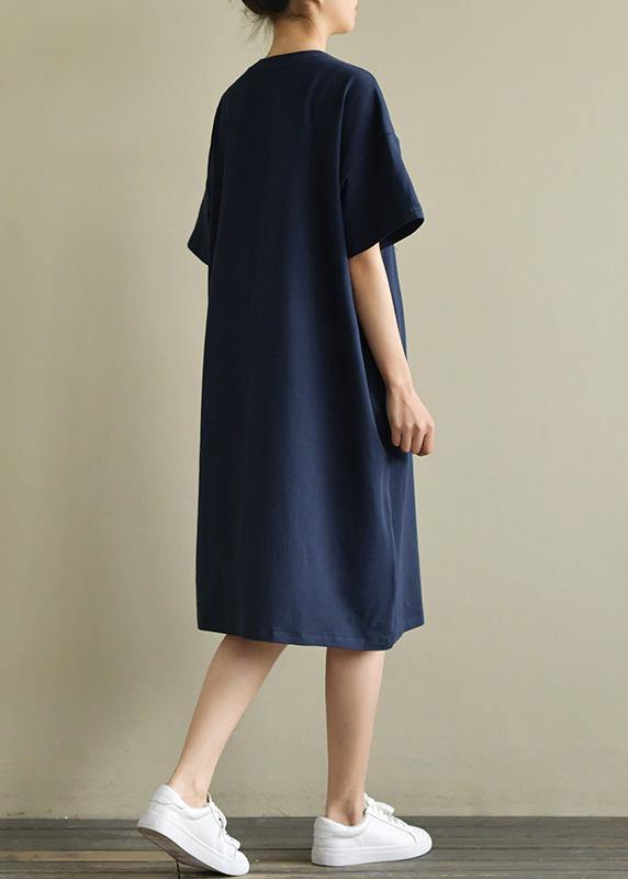 Women navy Cotton outfit o neck embroidery oversized summer Dress - SooLinen
