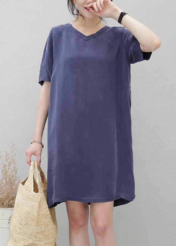 Women navy clothes For Women v neck side open loose Dresses - SooLinen