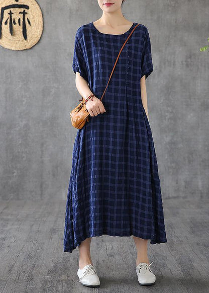 Women navy plaid linen clothes o neck short sleeve cotton robes Dress - SooLinen