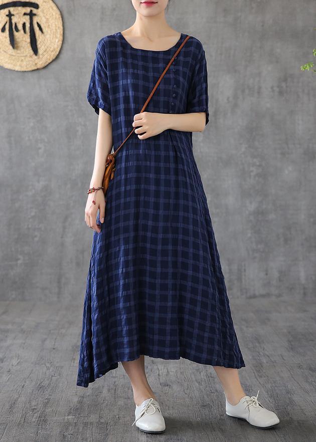 Women navy plaid linen clothes o neck short sleeve cotton robes Dress - SooLinen