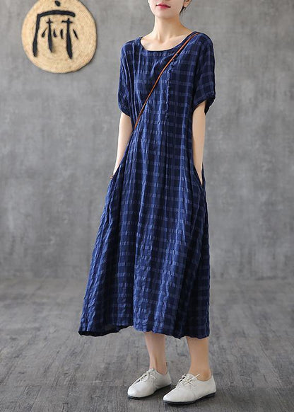 Women navy plaid linen clothes o neck short sleeve cotton robes Dress - SooLinen