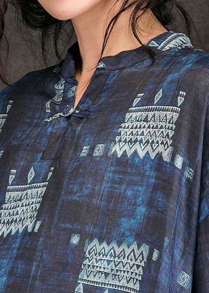 Women navy print linen dress stand collar tie waist Maxi summer Dress - SooLinen