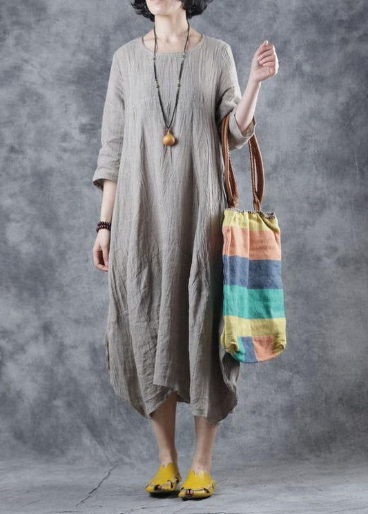 Women nude linen clothes o neck Dress - SooLinen